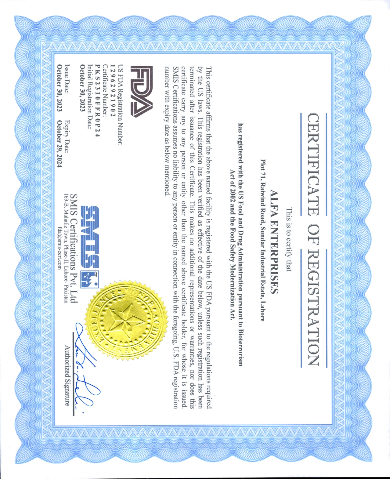 Certificate Alfa Enterprises
